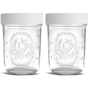 Regular Mouth Mason Jars 8 oz - (2 Pack) - Regular Mouth Half Pint 8-Ounces Mason Jars with White M.E.M Food Storage Plastic Lids - For Storage, Freezing - Leak Proof, Microwave & Diswasher Safe