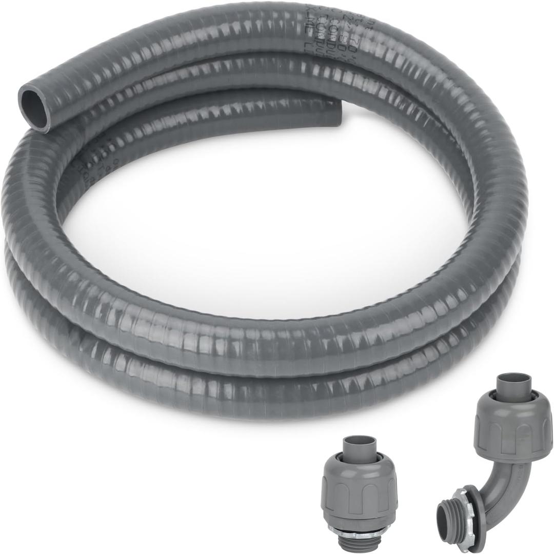 Electrical Conduit Kit 1/2'' 4FT Grey Electrical AC Whip Kit, Liquid-Tight Flexible Electrical Conduit with 90 Degree and Straight Connector Fittings