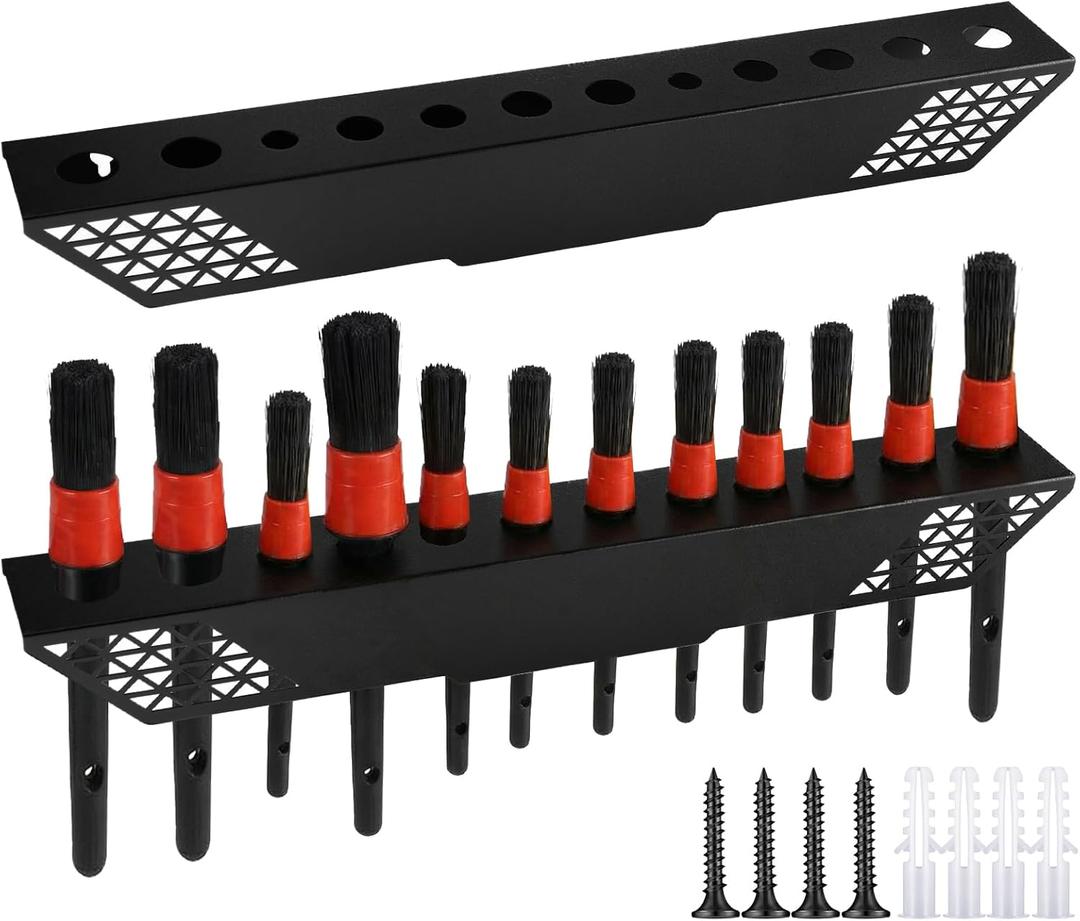 2 Pcs 12 Slot Detailing Brush Holder Car Detail Brush Rack Pan Wall-mount Brushes Organizer Products with Hardware Coated Iron Rack for Garage Workshop Auto Detailing Shop Care Storage, Black