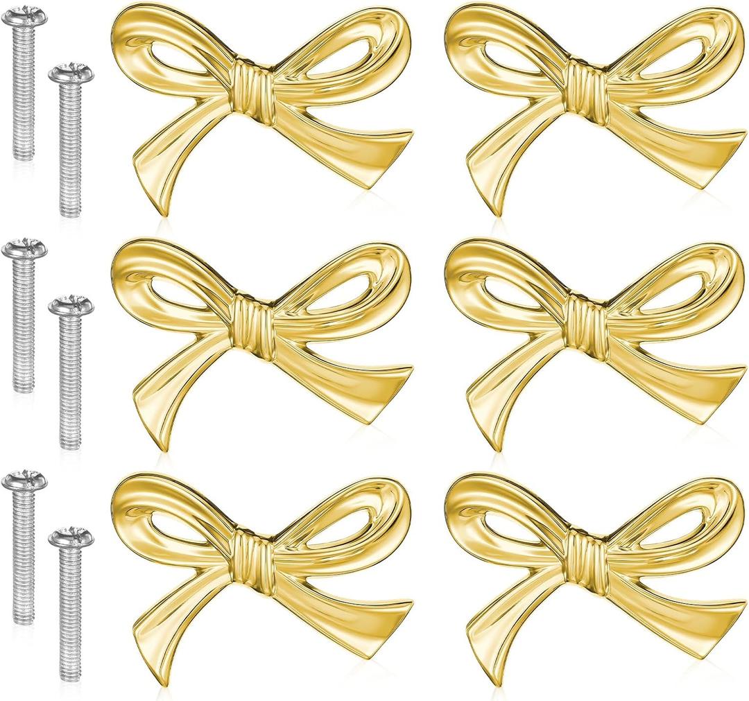Gold Bow Knobs for Dresser 6 Pcs Bow Drawer Knobs, Solid Brass Cabinet Bows Decorative Drawer Pulls, Vintage Elegant Bows Knob Dresser Handle for Home Kitchen Cabinet