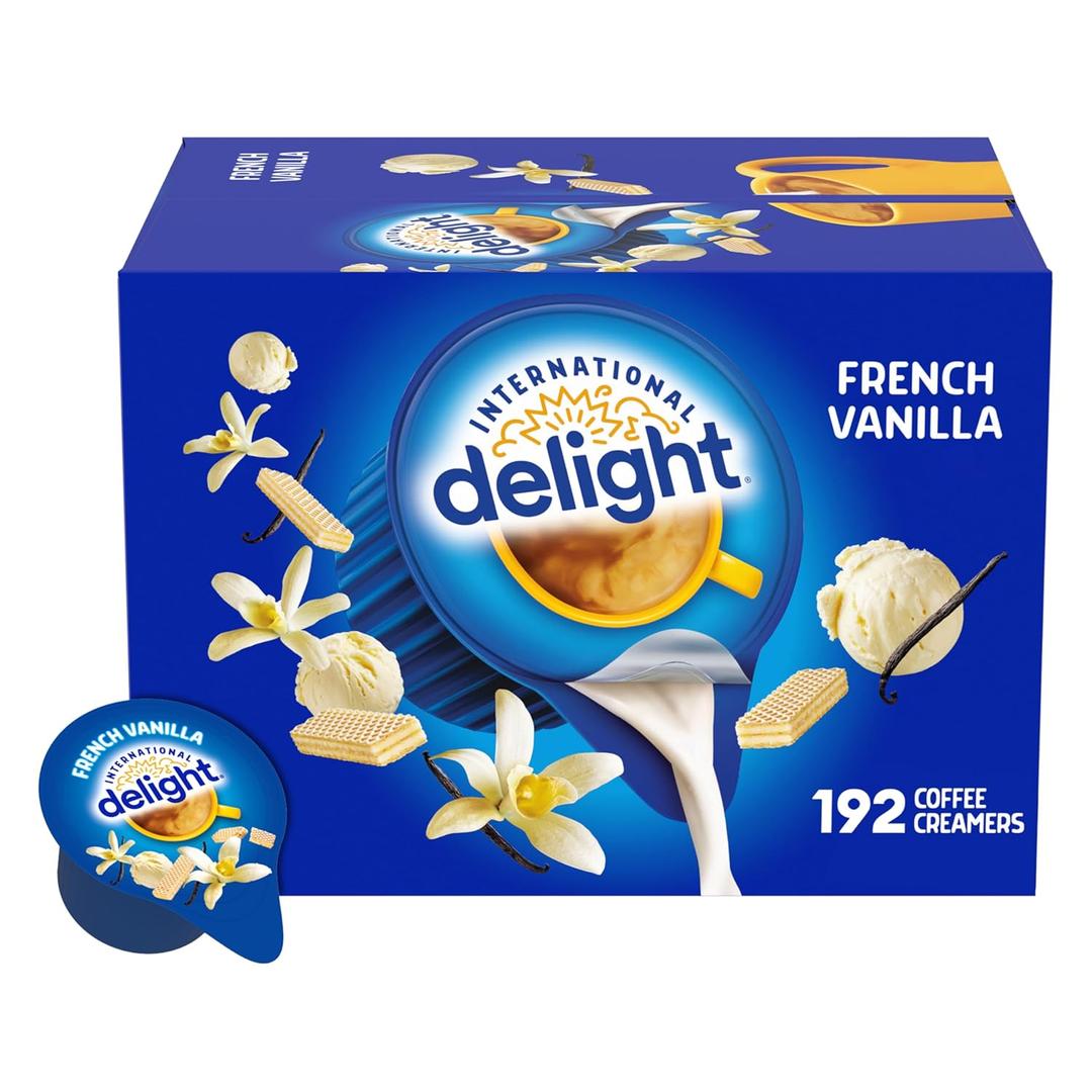 International Delight, French Vanilla, Single-Serve Coffee Creamers, 192 Count (Pack of 1), Shelf Stable Non-Dairy Flavored Coffee Creamer, Great for Home Use, Offices, Parties or Group Events (EXP 08/15/26)