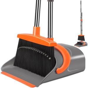 Ivandar Broom and Dustpan Set for Home, Broom and Dustpan Combo for Office, Long Handle Broom with Upright Standing Dust pan, Indoor & Outdoor Sweeping (Gray & Orange)