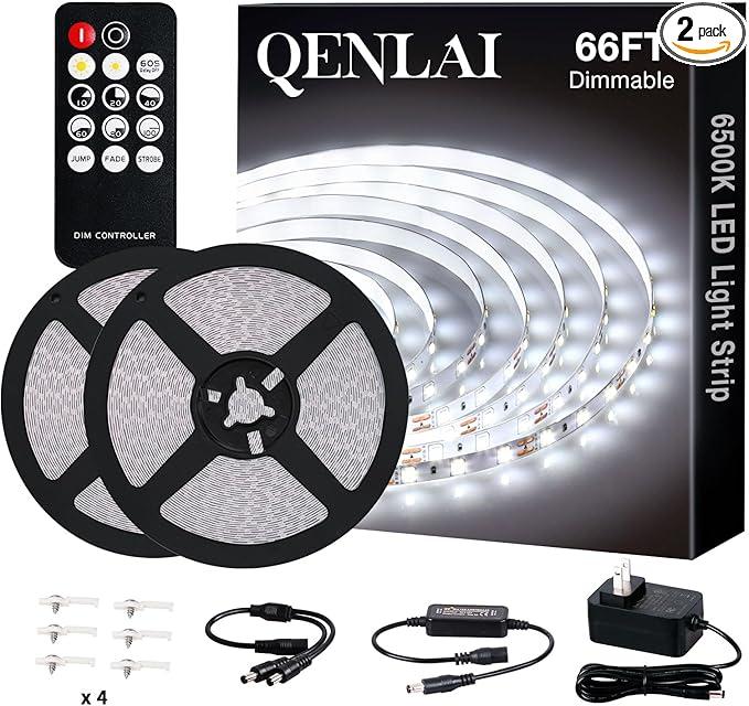 66ft White LED Strip Lights, Upgraded 6500K Dimmable Tape Lights with Remote and Plug, 12V 1200 LEDs Flexible Cuttable Led Light Strips for Bedroom Ceiling Kitchen Under Cabinet(2pcs of 33ft)