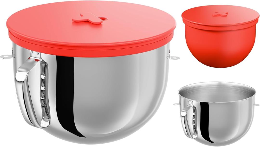 6QT Stainless Steel Mixer Bowl & Silicone Liners Compatible with KitchenAid 6QT Stand Mixers Liner Replacement for Kitchen Aid Mixer Attachments & Accessories, Red Lining