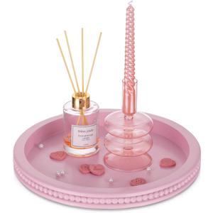 Pink Tray Decorative Round: Beaded Perfume Trays Decor for Dresser Circle Vanity Makeup Serving Tray for Ottoman Coffee Table Bathroom Counter