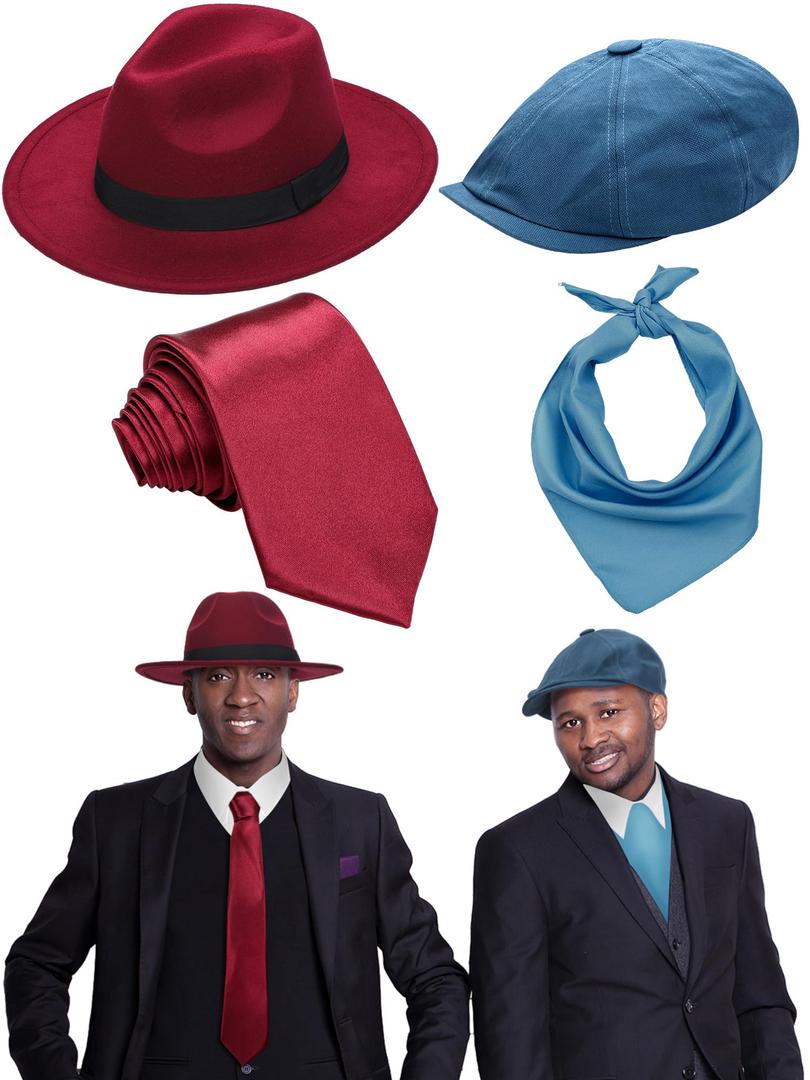 JenPen 4 Pcs Halloween 1930s Red Blue Twins Sisters Costume Accessories Include Hats Necktie Tie Vintage Octagonal Flat Cap Scarf for Men Women Gangsters Paranormal Spooky Movie Cosplay