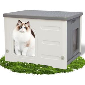 Hicaptain Cat Houses for Indoor Cats with Escape Door Plastic Outdoor Cat House Puppy Feral Cat Shelter for Small Medium Pets-Grey