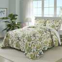 Travan 3-Piece Quilt Set Quilted Bedspread Cotton Coverlet Set Floral Oversized Quilted Bedding Set for All Season, White Vine, King Size