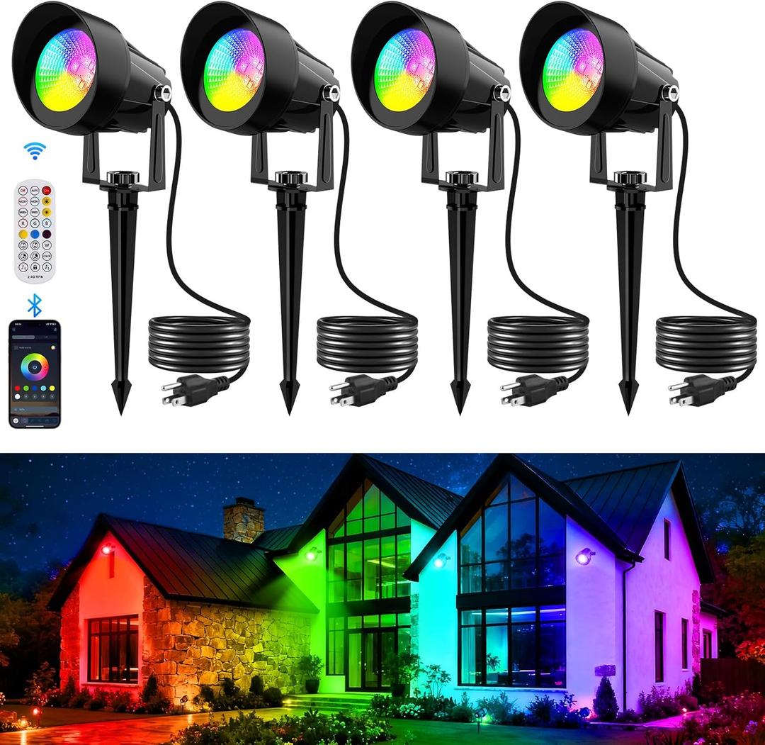 RGB Color Changing Spotlights Outdoor, LED Landscape Lighting with Remote/APP Control, Music Sync & Timing Mode, IP65 Waterproof Outdoor for Yard Garden Pathway Christmas Halloween, 4 Pack