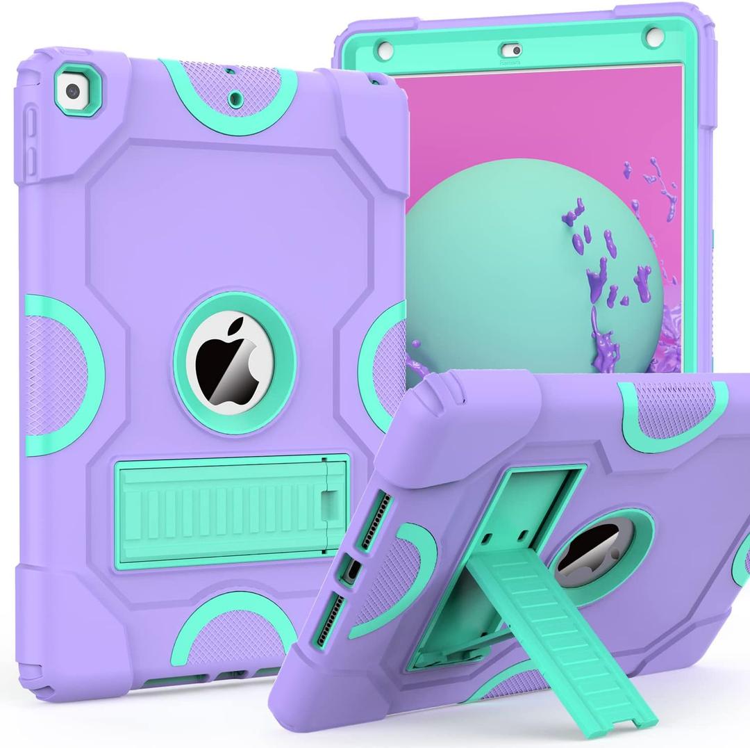 for iPad 9th Generation Case, iPad 8th 7th Generation Case, iPad 10.2 Inch 2021/2020/2019 Case, Heavy Duty Rugged Shockproof Protective Cover with Kickstand Purple/Green