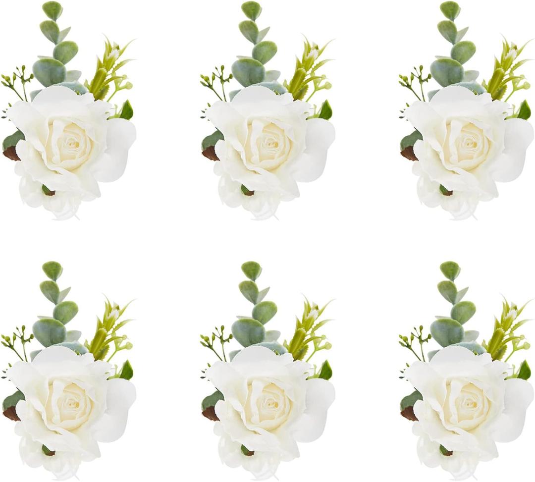 White Ivory Rose Wrist Corsage, Set of 6, Wedding Bridal Flower Corsage Hand Decor for Prom Party Homecoming, Wristband Flowers Bride, Bridesmaid, Girl