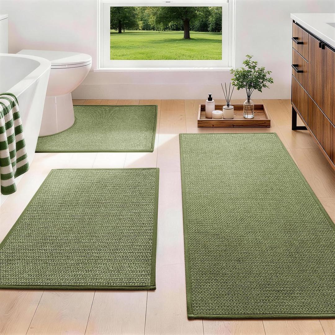 YIHOUSE Green Bathroom Rugs Sets 3 Piece, Quick Dry Thin Bath Mat with Toilet Rug, Non Slip Absorbent Machine Washable, Bath Runner Rugs for Bathtub Sink Home Decor