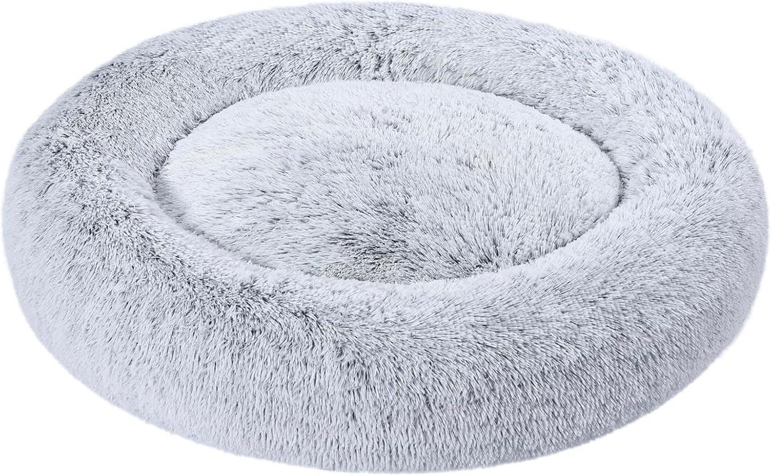 Amazon Basics Washable Donut Pet Bolster Faux Fur Bed with Removable Cover, Anti-Slip Bottom for Dog, Grey, 36" x 36"