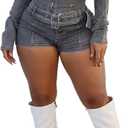 Denim Outfits for Women 2 Piece Casual Long Sleeve Zip Up Cropped Jacket Skinny Jean Shorts Set with Belt (Black, L)