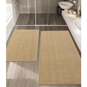 YIHOUSE Bathroom Rugs Sets 2 Pieces, Beige Ultra Thin Bath Mats Fit Under Door, Absorbent Quickly Dry Rubber Backing Braided Bath Mat Set, Non Slip Washable Bath Rugs for Bathroom Floor, Beige