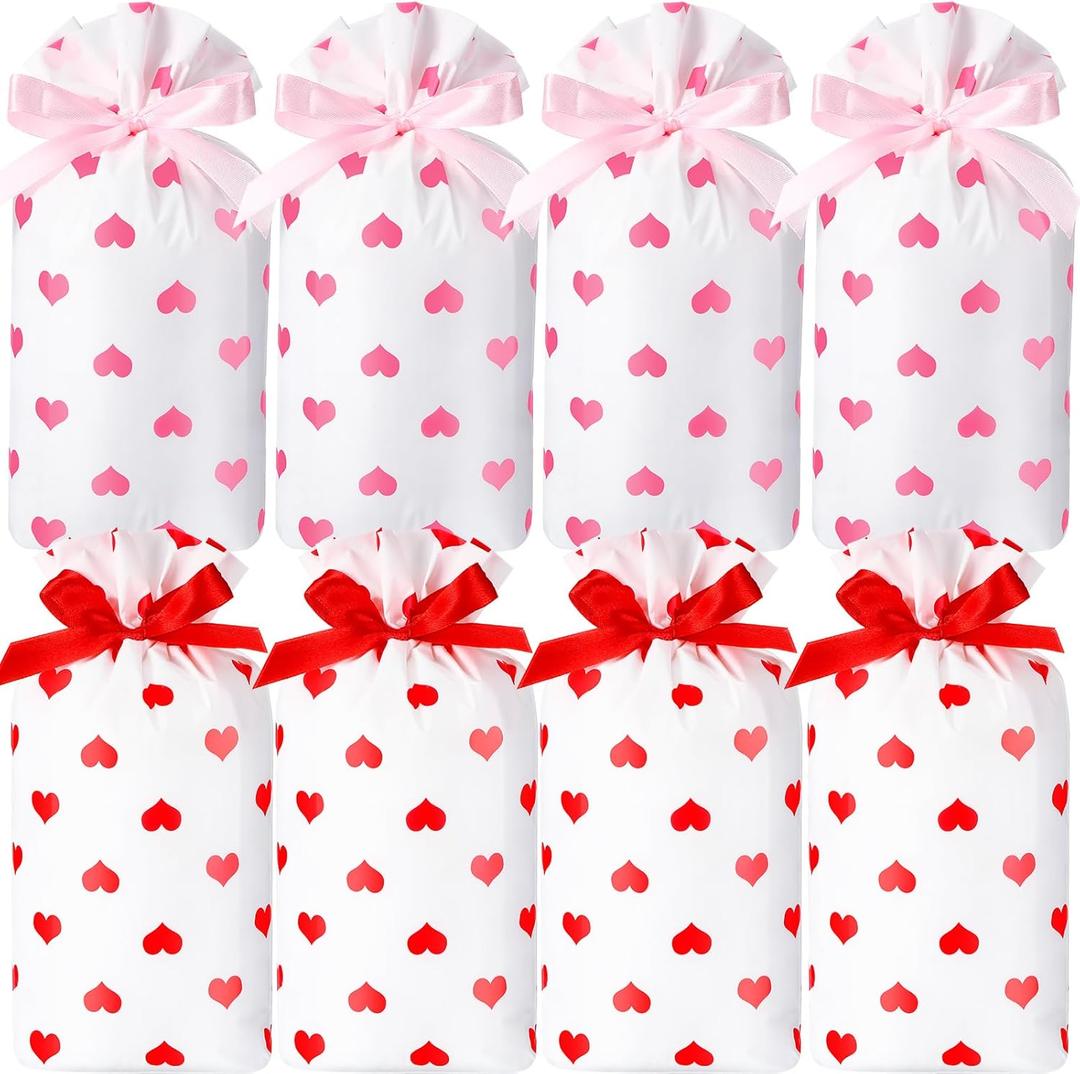 Sayglossy 100 Pcs Valentine's Day Treat Bags Small Drawstring Candy 6x9 Inch Bulk Heart Print Gift Snack Cookies Bags for Valentine Exchange Gifts Wedding Party Supplies