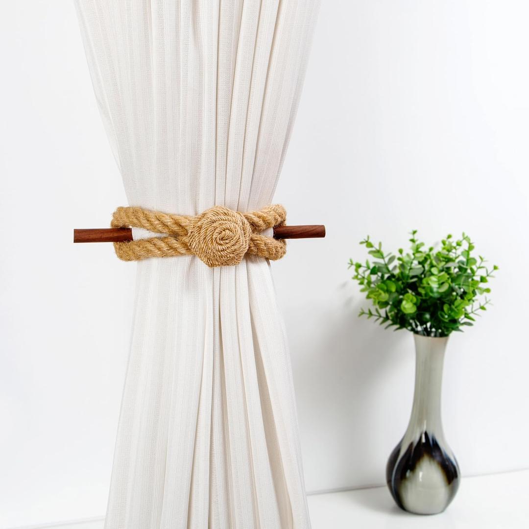 JELUTRIC Curtain Tiebacks Window Treatment HoldbacksWood Farmhouse Tie Backs for Curtain Holders,Cotton Jute Rope with Wood Club,Rose Natural Decor Shabby Chic Drapery Curtain Ties 2Pcs Dark Brown