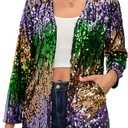 Women's Sequin Jacket Long Sleeve Open Front Blazer Glitter Sparkly Coat Party Casual Cardigan (Green+gold+purple), S