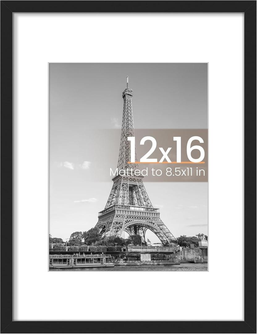 Upsimples 12x16 Picture Frame, Display Pictures 8.5x11 with Mat or 12x16 Without Mat, Wall Hanging Photo Frame, Black, 1 Pack