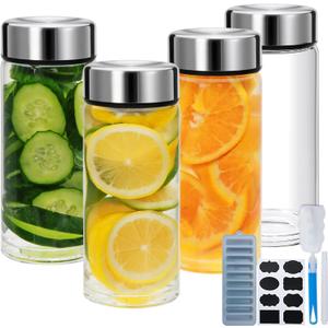 4 Pack Juice Bottles with Lids,12oz Wide Mouth Glass Bottles with Stainless Steel Cap,Reusable Glass Water Bottle for Juicing, Smoothies, Infused Water,Beverage Storage,BPA Free,Leakproof