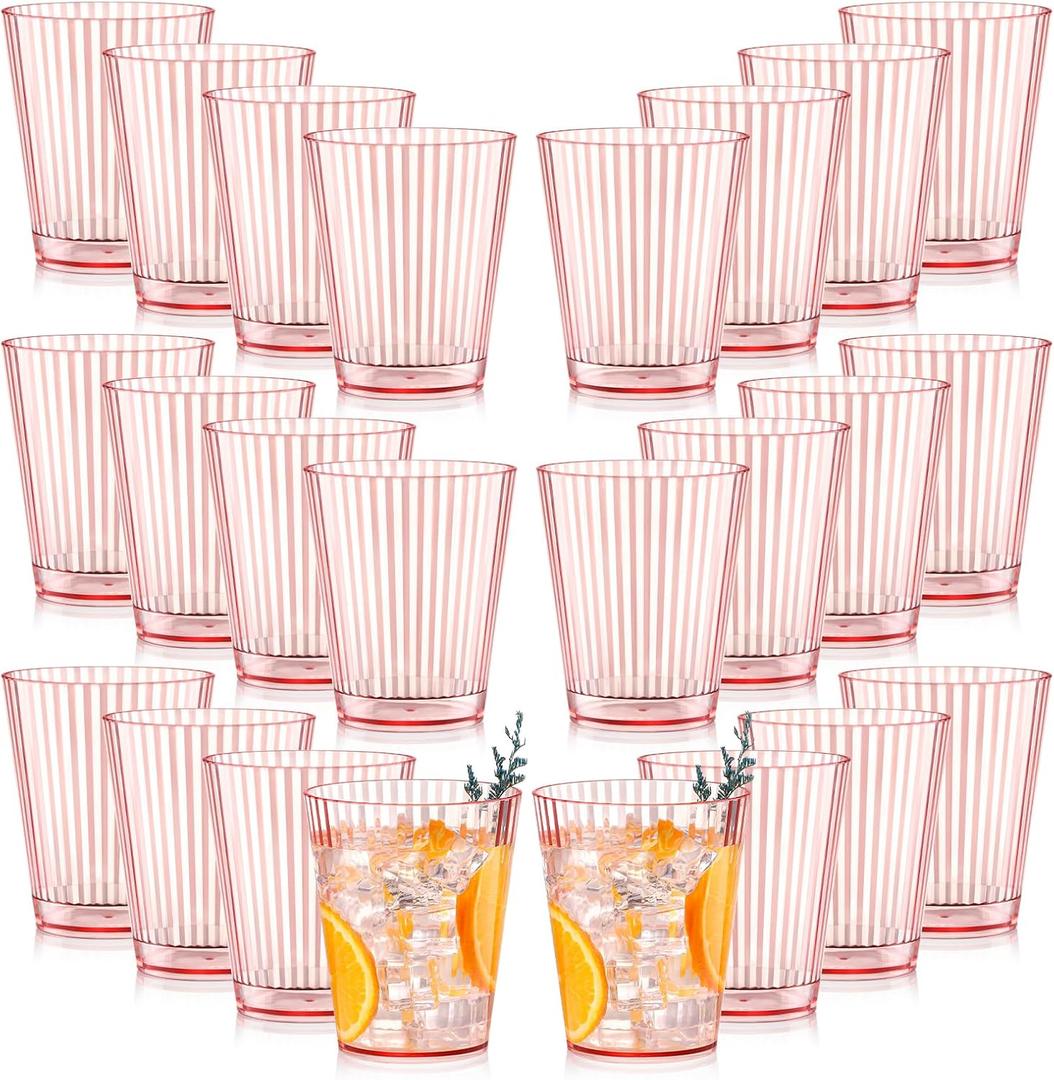 24 PCS Plastic Ribbed Drinking Glasses Pink 10oz Unbreakable Vintage Ripple Stemless Wine Glasses Cocktail Tumbler Glass Cups Disposable Retro Glasses Drinkware for Valentine Baby Shower Wedding