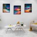 Weiyiart 3-Piece Tropical Beach Wall Art, Northern Lights Ocean Sunset Canvas Prints, Palm Tree Coastal Seascape Decor for Living Room Bedroom Bathroom Office, 12"x16" Set of 3