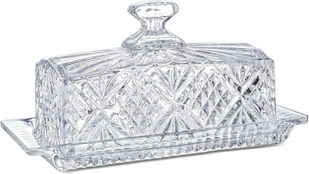 Crystal Covered Butter Dish,8inch Classic Glass 2-Piece Design Butter Keeper with Lid | Butter Holder | Dishwasher Safe (8")