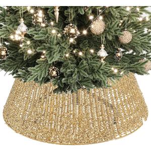 ELYKEN 28 Inch Christmas Tree Collar, Gold Woven Xmas Tree Skirt for 7.5 ft Trees, Stylish Tree Base Cover with Cord Cut-Out, Round Tree Ring for for Pencil Trees, Easy Assembly