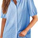 EVALESS Womens Button Down Shirts Cute Short Puff Sleeve V Neck Tops Spring Summer Blouses for Women Dressy Casual, Size: XL