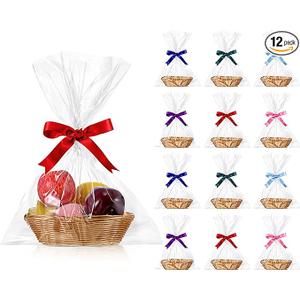 Blulu 12 Pieces Valentine's Day Basket Empty for Gifts Oval Basket Food Storage Fruit Baskets with 6 Rolls Colorful Ribbons and 30 Clear Gift Bags for Kitchen Restaurant 9 x 6 x 2.24 Inches