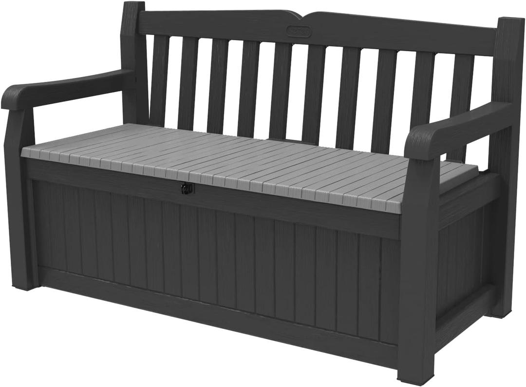 Keter Solana 70 Gallon Storage Bench Deck Box for Patio Furniture, Front Porch Decor and Outdoor Seating Perfect to Store Garden Tools and Pool Floats, Graphite