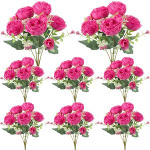 8 Pack Hot Pink Peonies Artificial Flowers, Fake Silk Hydrangea Bouquet for Bridal Wedding Home Table Decor Reusable Dining Opening Ceremony Birthday Arrangement Faux Floral