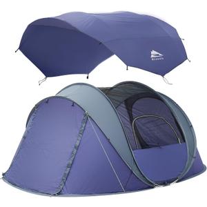 4 Person Easy Pop Up Tents, Waterproof Instant Family Tents with Large Skylight & Removable Rainfly, Automatic Setup with 2 Windows Doors Camping Tent Sky for Hiking & Traveling 9.5’X6.6’X52''