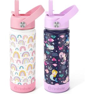 Fimibuke Kids Insulated Water Bottle, 18oz BPA FREE Kids Cup with Straw Double Wall Vacuum Tumbler 18/8 Stainless Steel Leak Proof Toddler Water Bottle for School Boys Girls (2 Pack, Rainbow/Mermaid)