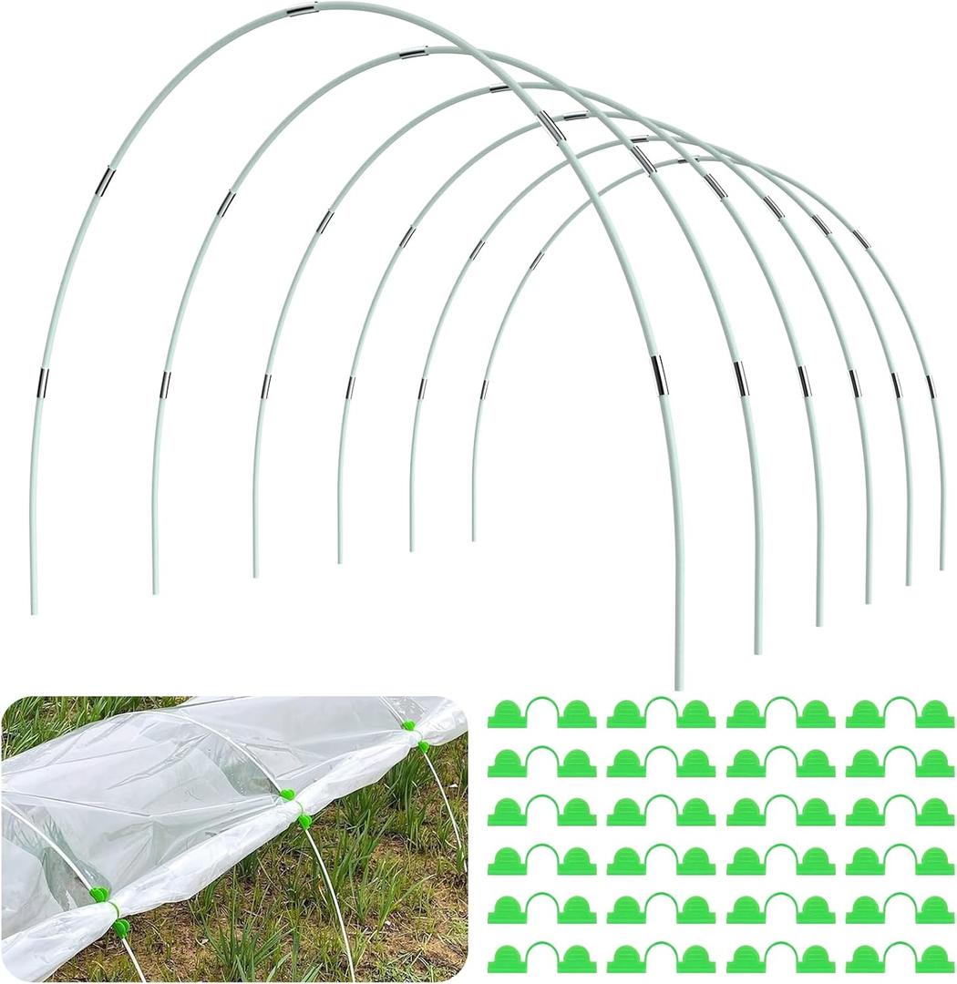Greenhouse Hoops for Raised Beds, 36pcs Rust-Free Fiberglass Garden Hoops Grow Tunnel Wide, 8FT Heavy Duty Plant Support Hoops with Flush Connectors & 24pcs Clips for Netting Row Cover