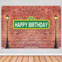 7x5ft Happy Birthday Street Sign Backdrop, 123 Green Sign Brick Wall and Lamp Posts Party Banner, Urban City Theme Birthday Party Photo Booth Background Decoration for Kids & Adults