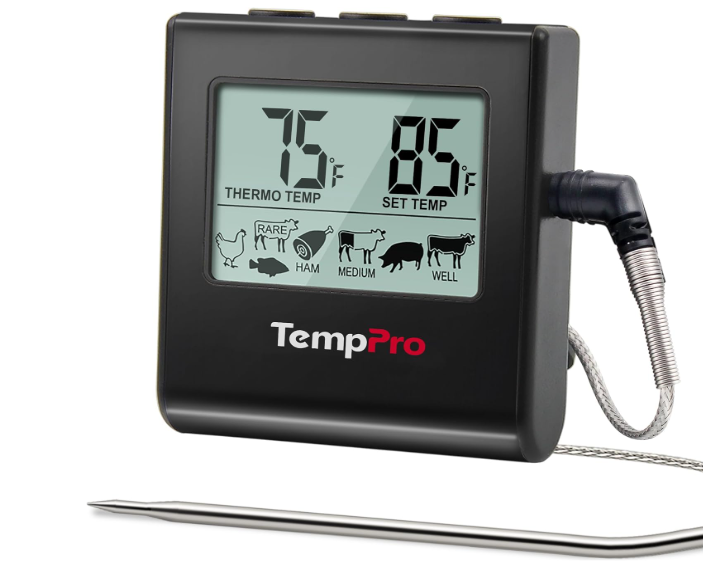 TempPro TP16 Large LCD Digital Meat Thermometer for Cooking, Smoking, Grilling, BBQ Food Temperature Indicator with Clock Timer and Stainless Steel Probe, Black