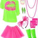 80s Outfit Costume Accessories for Women Neon T Shirt Tutu Skirt for Mardi Gras (X-Small, Fluorescent Green With Rose Red)