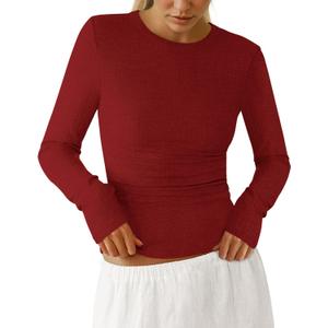 PRETTYGARDEN Womens Long Sleeve Shirts 2026 Ribbed Knit Slim Fitted Basic Tee Casual Going Out Tops Underscrubs Fall Clothing (Red, S)