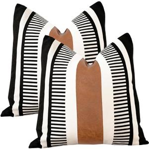 Set of 2 Farmhouse Stripe Euro Pillow Covers 26x26 Large Accent Cushion Cover Black and White Faux Leather Decorative Pillowcase for Sofa Couch Chair Bedroom Modern Decor