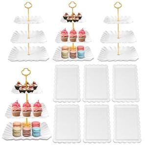 10 Pack Dessert Table Display Set - 4 x Three-Tier Square Cupcake Stands and 6 x Serving Trays, Elegant Tableware for Cakes, Cupcakes, Pastries, and Snacks, Perfect for Parties (White)