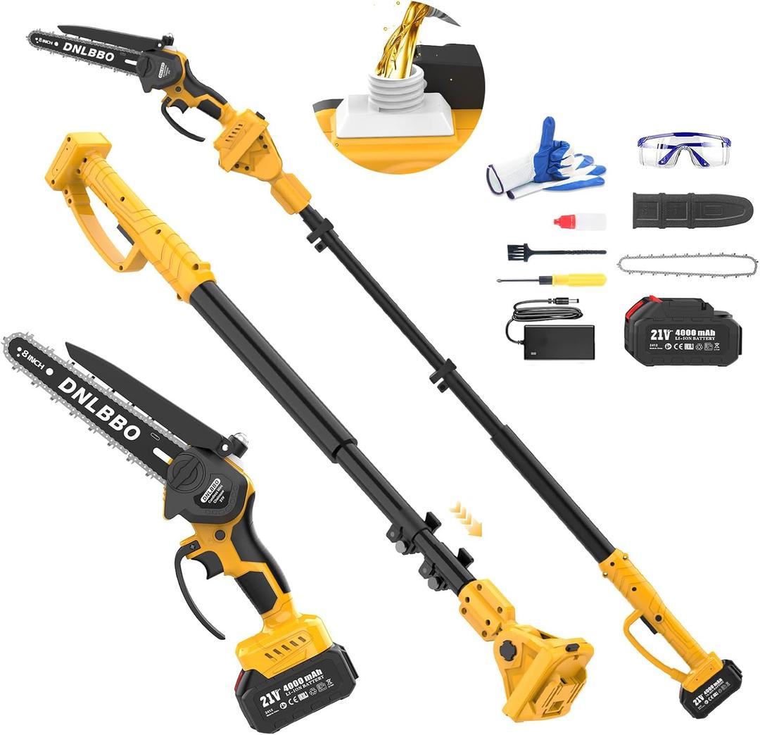 2-in-1 Electric Pole Saws for Tree Trimming, Brushless Cordless Mini Chainsaw 8" with 9.5FT Extension Pole, 16Ft Reach, 4.0Ah Battery, Auto Chain Lubrication, Tool-Free Chain Tension Adjustment