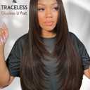 Brown Highlight U Part Wig for Black Women Layered Yaki Straight V Part Wig Synthetic Half Wigs Glueless Realistic Pull and Go Beginner Friendly for Daily Party Use, 24inch,Highlight Brown 