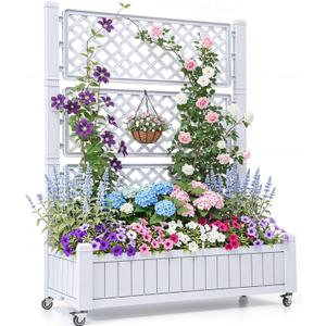 YITAHOME 42.5x14.2x61 in Planter Box with Trellis/Outdoor Privacy Screen, All-Weather Raised Garden Bed with Wheels & Drain Plug for Climbing Plants Flowers Herbs, White