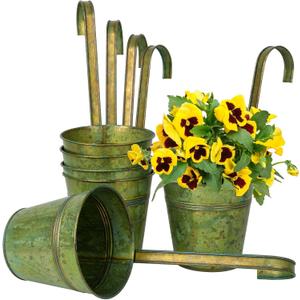 Briful 5'' Bronze Hanging Planters for Outdoor Plants,Rustic Galvanized Metal Buckets,Fence Balcony Railing Hanging Pots with Detachable Hooks,Set of 6 (Brown#033)