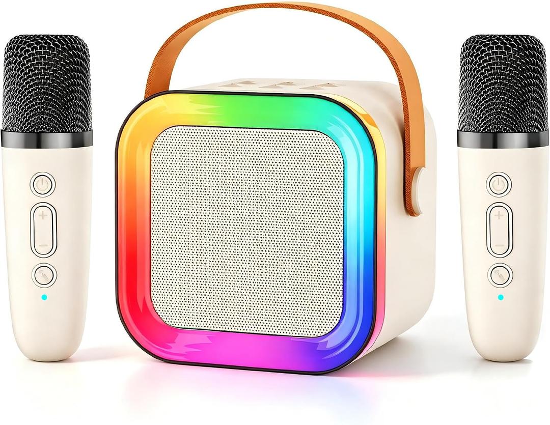 Kids Karaoke Machine Toy Ages 3-12, 2 Wireless Mics BT Speaker, Cream | Voice Changer, LED Party Lights, Duets, BT 5.3, Mini Rechargeable Portable, Christmas Birthday Gifts for Toddler Boys & Girls