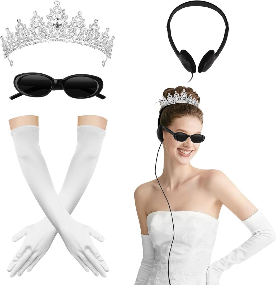 Semato Princess Costume Accessories for Women Princess Bachelorette Party Crown with White Long Gloves and Sunglasses Set