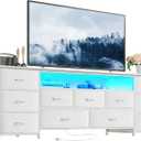Huuger 63 Inch TV Stand for 65, 70 Inch TV, 11 Drawer Long Dresser with Power Outlets and LED Lights, Entertainment Center with Storage, White Dresser with PU Leather Surface