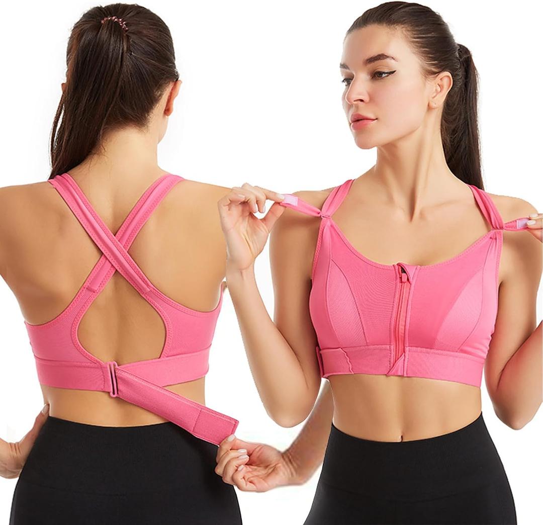 Women Zip Front Sports Bra Racerback Tank Top Wireless Paded Yoga Workout Running Bras (Pink, M)