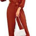 PRETTYGARDEN Jumpsuits for Women Dressy Long Sleeve One Piece Long Pants Rompers with Belt Pockets V Neck Casual Fall Outfits (Rust Red, Small)